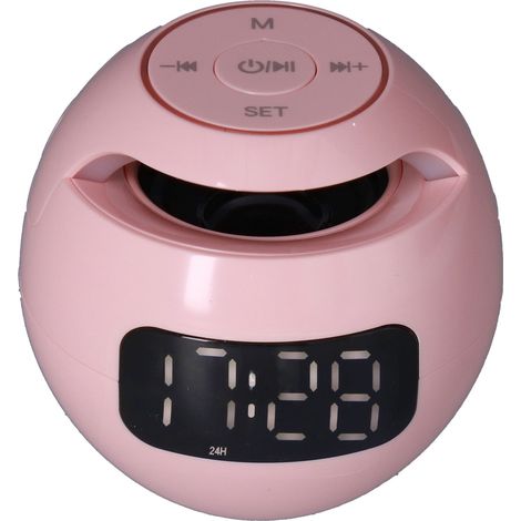 Réveil multifonctionnel Bluetooth 5.0 avec enceinte rechargeable en forme de boule, portable et sans fil, idéal pour la chambre ou le bureau (rose G90Q). (1/5)
