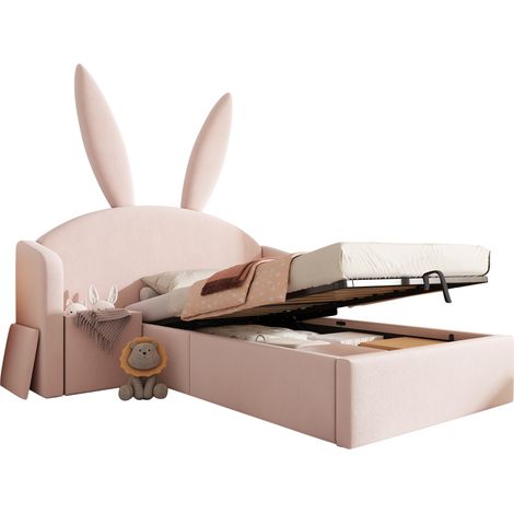Lit rembourré 90x200 cm rose avec design oreilles de lapin, lit pour enfant avec coffre de rangement et table d'appoint, lit en velours (sans matelas)