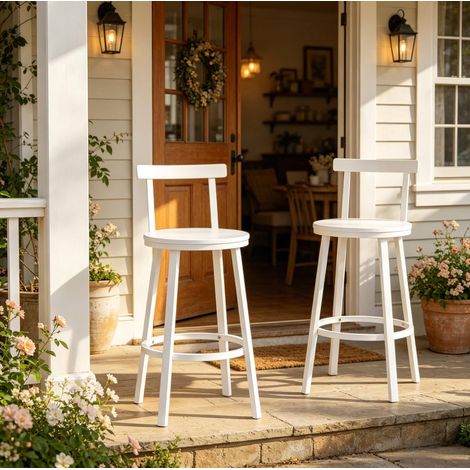 MEUBLIV Lot de 2 tabourets de bar blancs, dossier incurvé, repose-pieds, hauteur d'assise 65 cm (1/5)