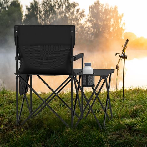 Lot de 2 Chaises de Camping avec Table Chaise de Pique-nique Pliable avec 2 Poches de Rangement Porte-gobelet Accoudoirs Rembourrés Noir (1/3)