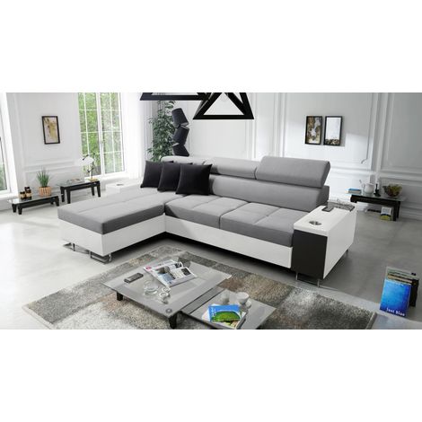 Bequemes Ecksofa mit Schlaffunktion MORENA I MINI Kunstleder/Sawana Weiß/Grau Links (1/5)