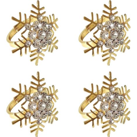 Juego de 4 servilleteros navideños con diseño de copos de nieve, plateados y dorados, modernos servilleteros con diamantes de imitación, exquisitos servilleteros para banquetes de boda, dorados. (1/5)