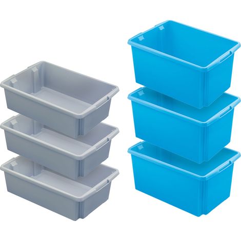BRB Lot de 6 récipients à empiler pivotants pour Usage Alimentaire 595 x 395 mm, 3 x Gris – 30 l, 3 x Bleu – 51 l