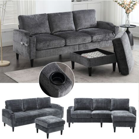 Canapé élégant avec pouf et espace de rangement – canapé 4 places avec accoudoirs confortables, porte-boissons, poches latérales et pieds en plastique robustes, revêtement en velours pour un confort d (1/5)