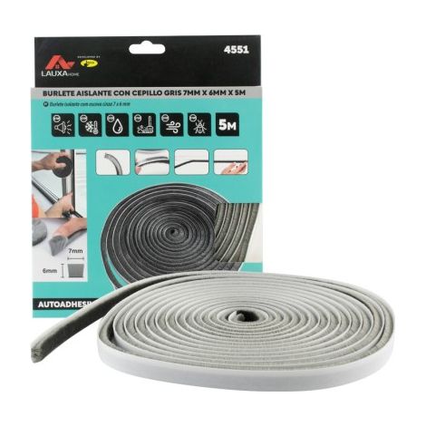 Burlete Aislante Con Cepillo Autoadhesivo 5M - 7 X 6 Mm Gris (1/5)