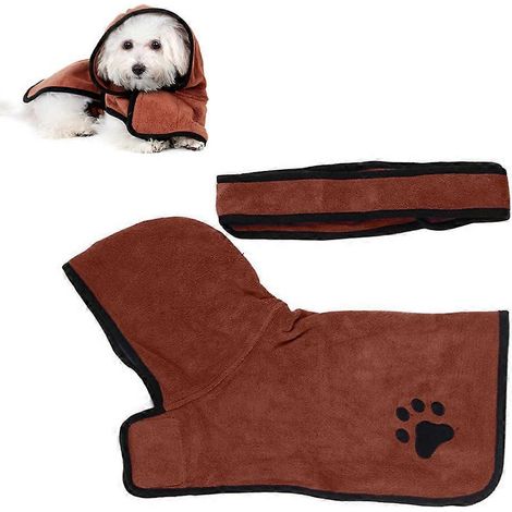 Serviette de bain pour chien, serviette de bain en microfibre ultra-absorbante et à séchage rapide avec capuche ajustable, serviette de bain pour chat et chien - Marron - M (1/5)