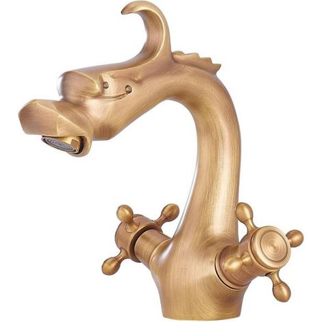 Robinet de Salle de Bain en Laiton Antique, Double Poignée Mitigeur de Lavabo Bronze Vintage, Rétro Tête de Dragon Robinets de D'évier D'eau Chaude et Froide (1/5)