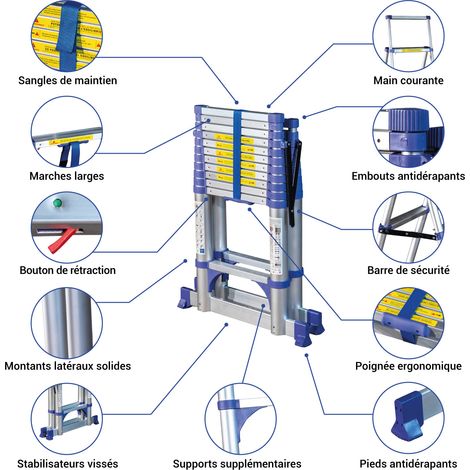 Escabeau 12 marches telescopique EXTENDACT12, Echelle telescopique 3.5m+3.2m, escabeau pliable, Stabilisateur, H max travail 5m, Garantie 5 ans