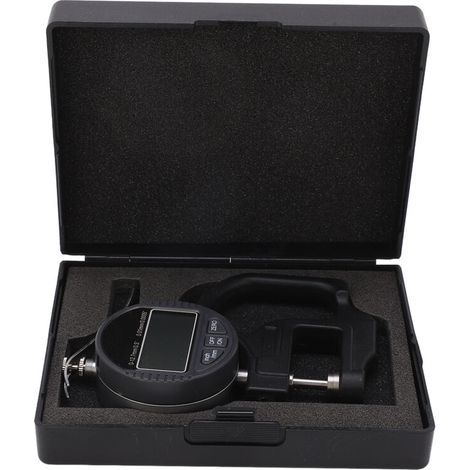 Medidor digital de espesor para cuero, tela y papel: precisión de 0,01 mm, rango de medición de 0 a 12,7 mm, diseño robusto y ergonómico.