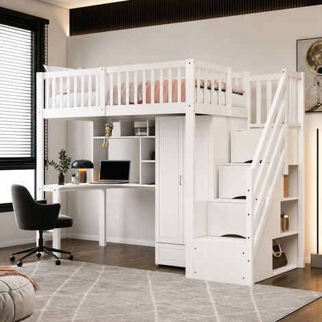 Letto a soppalco 90 x 200 cm con armadio, scrivania, scaffale e scala contenitore bianco HAVRYA (1/5)