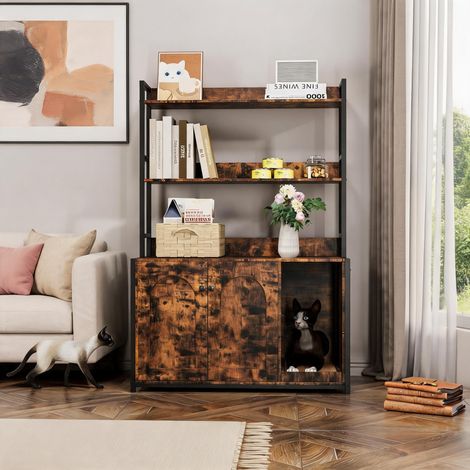 Maison De Toilette Pour Chat, Meuble Litière Chat, Armoire à Litière Avec 2 Portes Et Coussin, Étagère d'Angle Meuble De Rangement 45x90x133 Cm (1/5)