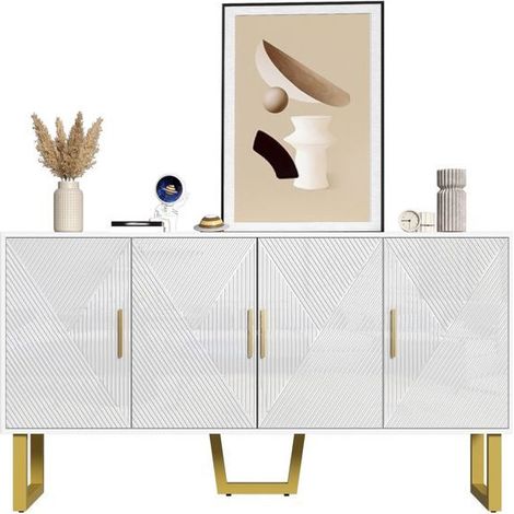 Buffet salle à manger 150cm, 4 portes laquées structurées buffet, rangement modulable, poignées dorées (1/5)