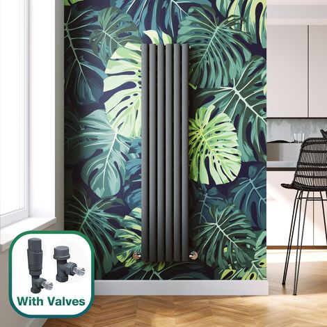 ELEGANT 1600 x 360 mm Anthracite Vertical Column Radiator Double Oval Panel Designer Bathroom Radiators + Chrome Thermostatic Radiator Valves (1/5)