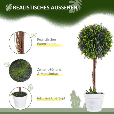 Lot de 2 fausses plantes avec pot et mousse synthétique, tiges de lavande factices, blanc + vert + violet (1/4)