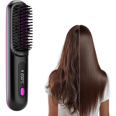 Haarglättbürste kabellos, elektrischer Haarglätter mit Negativ-Ionen-Technologie, 3 Temperaturstufen, LCD-Display, Stylingbürste für glatte und glänzende Haare