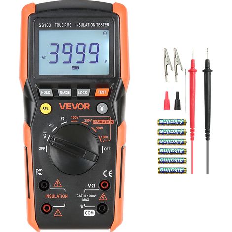 VEVOR Multimetro Digitale, Voltmetro TRMS da 4000 Conteggi, Ohmmetro, Tester di Tensione CA/CC da 1000 V con Intervallo Automatico Manuale Commutabile per Misurazione di Tensione, Resistenza