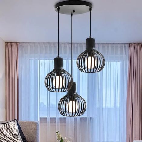 U-Do Lustre Suspension Rétro Industrielle Cage en Métal Luminaire 3 Lampes E27 Corde Ajustable (1/4)