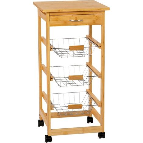 Chariot de cuisine en bambou avec paniers de rangement pratiques - bambou naturel clair et métal argenté (1/4)