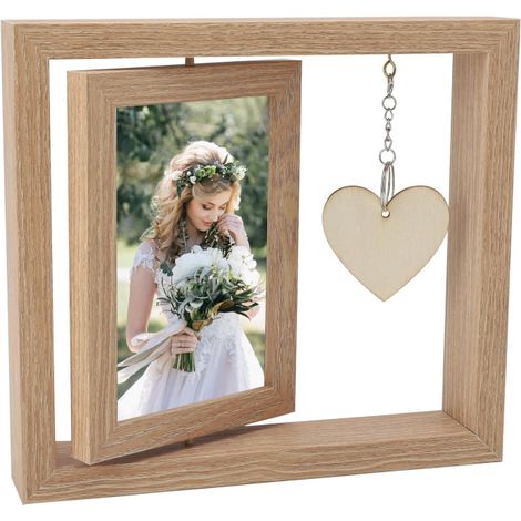 Cadre photo en bois, 10 x 15 cm, Double face, Rotatif, Avec pendentif en forme de cœur, Cadeau d'anniversaire