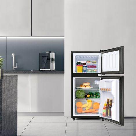 Réfrigérateur congélateur double porte 86,8x45,5cm 60L total 22L congélation 38L réfrigération 102 kWh/an LED premium noir.