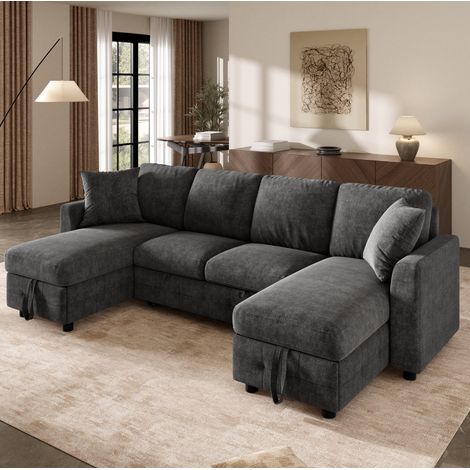 Divano letto a U 260 x 128 x 82 cm in ciniglia grigio scuro DESVIAE (1/5)