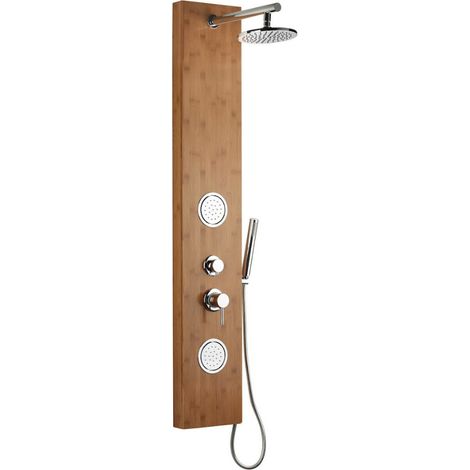 Siko – Colonne de douche hydromassante en bambou – 150 cm – 2 buses réglables – Douche de tête ronde 1 jet – Douchette à main 1 jet – BAMBOOSHOWER (1/5)