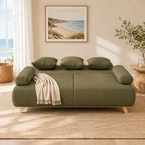 Dunkelgrünes Samt-Rippsofa mit Bettkasten und verstellbarer Rückenlehne (1/3)