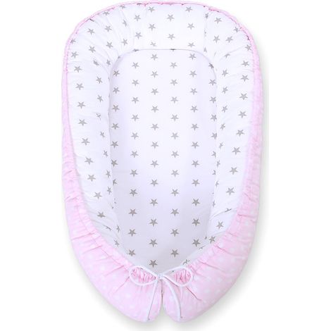 Coccolone per neonati, double-face, box, fasciatoio, Premium BOBONO - pois rosa/stelle grigie (1/5)