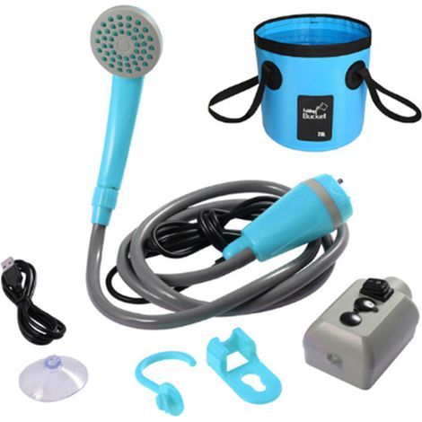 Rechargeable 2200 mAh shower head, portable and ideal for outdoor use – collapsible bucket with hook hose