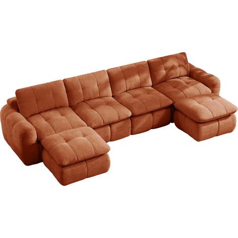 Divano modulare a U 4 posti in ciniglia arancione, senza montaggio, con 2 pouf, design trapuntato (1/5)