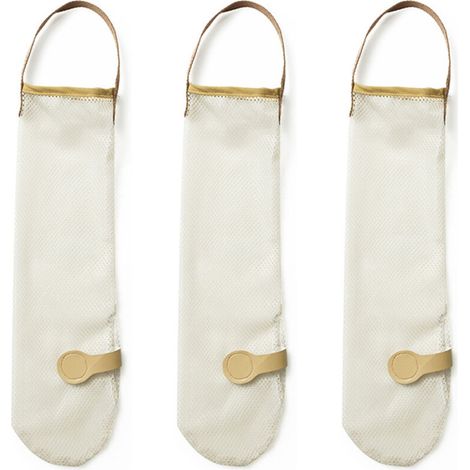 Set mit 3 wiederverwendbaren Netzbeuteln 12 x 38 cm für Zwiebeln, Obst und Gemüse, waschbar und faltbar (beige).