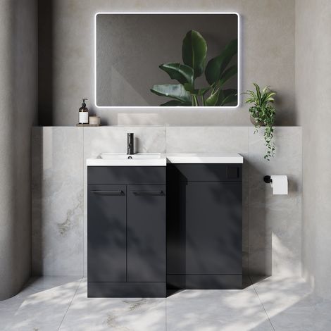 Napoli 390 Gloss Grey 1000mm 2 Door Vanity Unit Toilet Suite with Left Hand Square Lucia Basin - 1000mm - Matt Black 160mm HandleWithout Kingston Toilet Pan