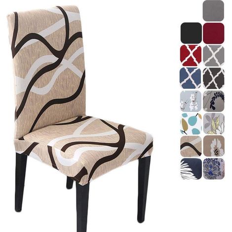 Housses de chaise extensibles et lavables pour salle à manger, lot de 6, motif ligné écru (1/5)