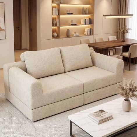 Sofá cama plegable convertible 3 en 1, reclinable con respaldo, de espuma y franela beige (1/5)