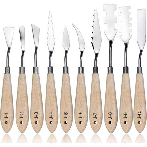 10 pcs Acier Inoxydable Palette Couteau, Ensemble Palette Couteau Peinture, Peinture à l'huile Couteau, Manche en Bois (1/5)