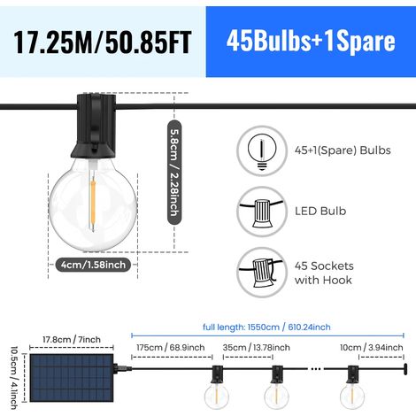 (17,25 m 46 LED) Guirlande lumineuse solaire d'extérieur, lampes de jardin G40, résistante aux intempéries, convient aux cours arrière. (1/5)