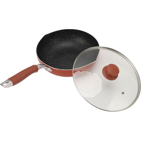 Poêle antiadhésive avec couvercle, revêtement pour sautés, multifonctionnelle, pour la cuisine maison, en fonte composite, style bois 2 (1/5)