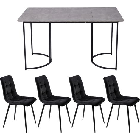Set da pranzo 5 pezzi con tavolo 140x80 cm e 4 sedie in velluto grigio e nero HOMVRA (1/5)