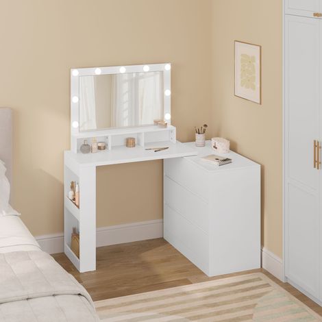 WOLTU Schminktisch mit Spiegel Beleuchtung, einstellbare Helligkeit, Frisiertisch mit 6 Große Schubladen Seitenregale, Kommode in Reihe oder L-Form, für Schlafzimmer, Flexible Montage, Weiß (1/5)
