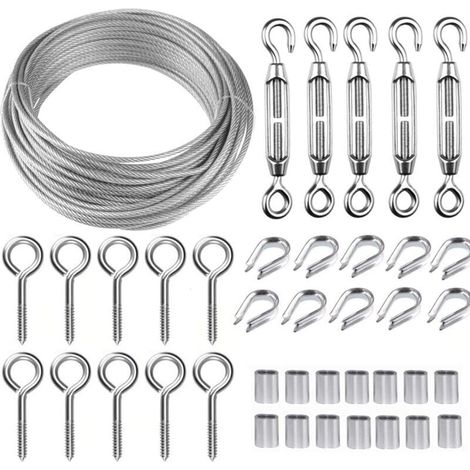 Kit de câble métallique en acier inoxydable de 30.5 m avec tendeur de fil robuste M5, kit de rouleau de fil de clôture, kit de garde-corps de câble, tendeurs de fil de jardin pour plantes grimpante (1/5)