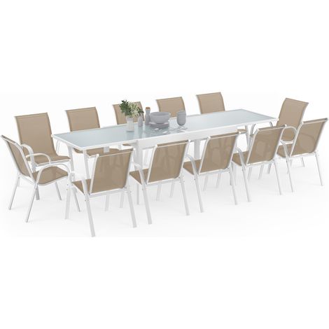 Gartenmöbel MADRID Ausziehbarer Tisch 135-270 CM und 12 stapelbare Stühle weiß und beige