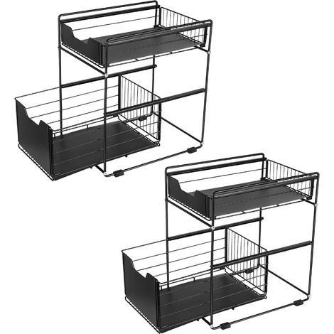 Glit Rangement Sous évier à 2 Niveaux, Organisateur de Cuisine avec Tiroirs Coulissants, Panier Coulissan pour Cuisine, Garde-Manger, Chambre, Porte-épices (Noir,2Pcs)