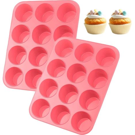 Lot de 12 moules à muffins PXS-047 - En silicone - Pour gâteaux, muffins, puddings - Rose - 29 x 22 x 3 cm,Parent,- (1/5)