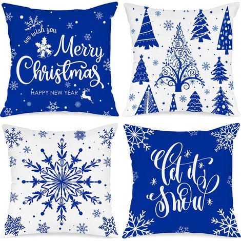4er-Set Weihnachtskissenbezüge, Blauer Kissenbezug 45 x 45, Dekorativer Weihnachtsbaum-Kissenbezug, Weihnachts-Winterdekor für Wohnzimmer, Schlafzimmer, Sofa, Heimdekoration (1/5)