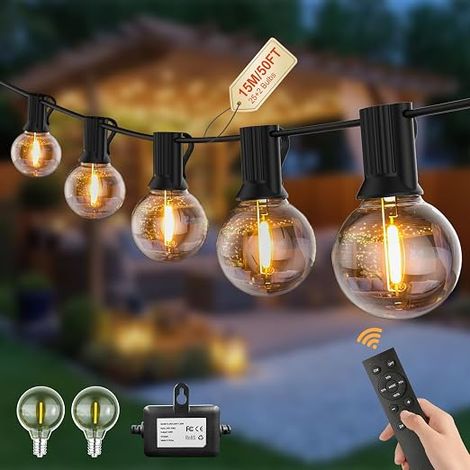 Outdoor String Lights G40 15M Festoon Lights, Mains Powered 24V With Remote Control, Dimmable, Timer, 25 Unbreakable Bulbs, Waterproof, Outdoor Lighting For Patio, Garden (1/5)
