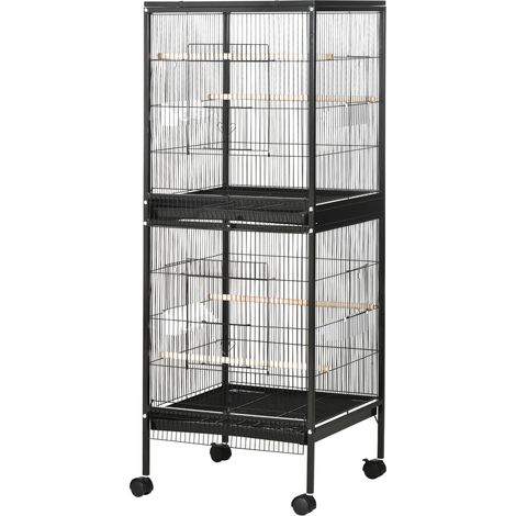 Vogelvoliere für den Innenbereich mit Rollen und herausnehmbaren Schalen, 51,5 x 50 x 140 cm, Schwarz