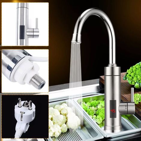 Robinet d'eau chaude instantanée à 360° - En acier inoxydable - Chauffage instantané - 3000 W LED Électrique Chauffe-Eau Robinet Salle de bains / cuisine - Argenté (1/4)