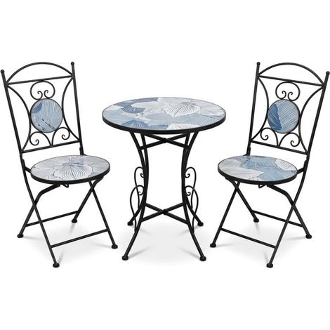 Set de Table et 2 chaises de Jardin en métal et Pierre en Noir, Bleu et Blanc 72 x 60 x 60 cm (1/5)