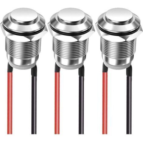 Lot de 3 boutons poussoirs momentanés 12 mm 2 A 12 V/24 V/125 V/250 V, étanches, en acier inoxydable, marche/arrêt, avec filetage (tête haute)
