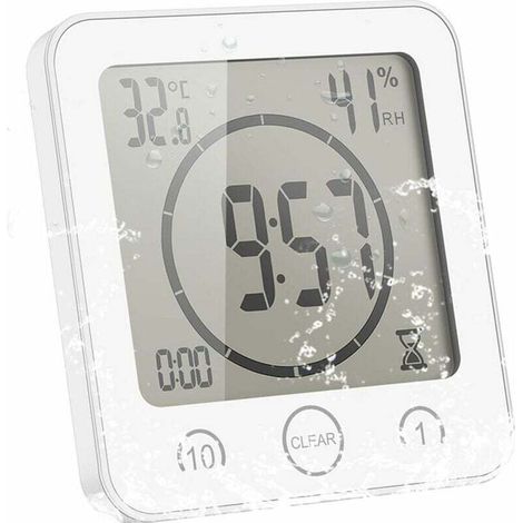 Horloge de Salle de Bain, Alarme Numérique LCD avec Horloge de Douche Tactile étanche, Humidité de la Température, Compte à Rebours, 3 Méthodes de Montage, Alimentation par Batterie (Blanc)-- (1/5)